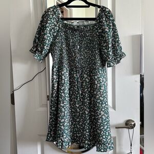 Green & Floral shoulder dress